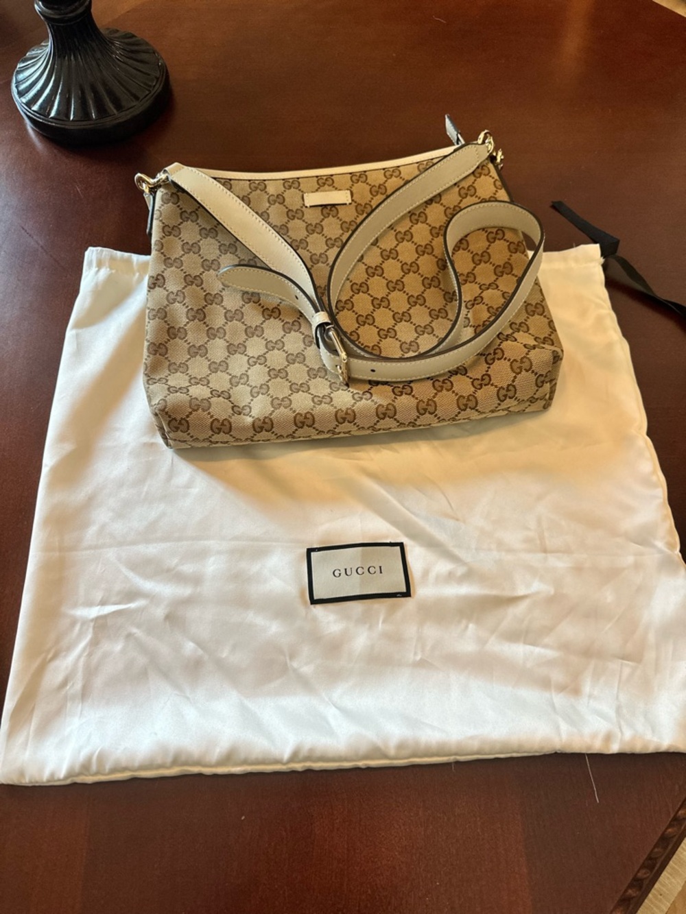 Gucci Beige GG Canvas Shoulder Bag with White Trim